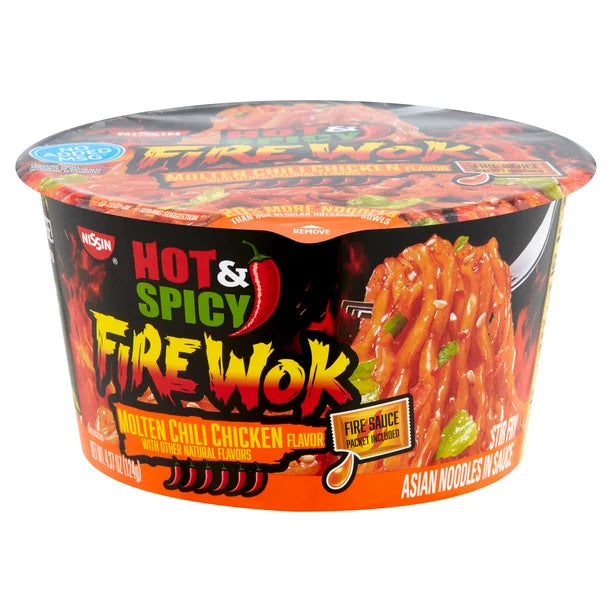 Nissin Hot & Spicy Molten Chili Chicken Flavor Asian Noodles Soup, 4.37 oz