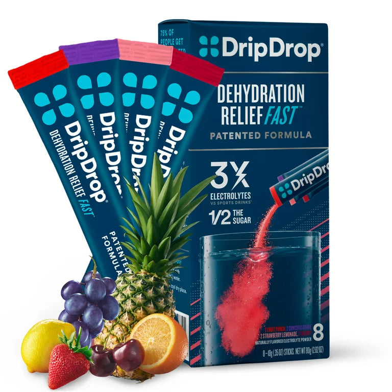 DripDrop - Electrolyte Powder for Dehydration Relief Fast - Juicy Variety - 8 Pk (HSA/FSA Approved)